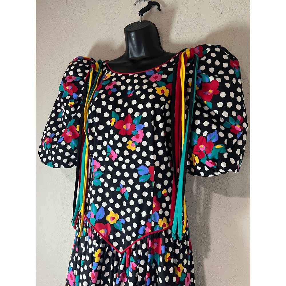Leslie Lucks Vintage Dress Women 8 Black Floral Polka Dot Excellent Cottagecore - Picture 2 of 10